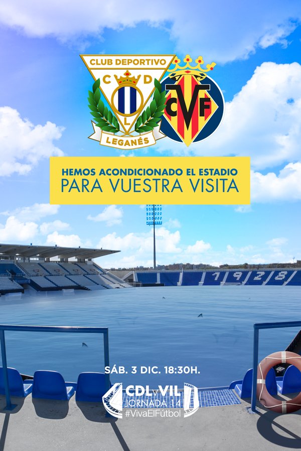 CDLeganes's tweet photo. CARTEL ON-LINE I Hemos acondicionado el estadio para vuestra visita 🐟 #LeganésVillarreal #VivaElFútbol 😜 https://t.co/8I8rshb3JS