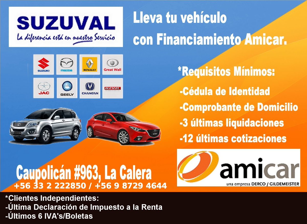 MauR0X's tweet photo. #DiciembreDeSeguirAChilenosQue quieran renovar su vehículo o comprar su primer auto... #LaCalera #Suzuval #DercoCenter #Amicar https://t.co/teVsUGJHYP