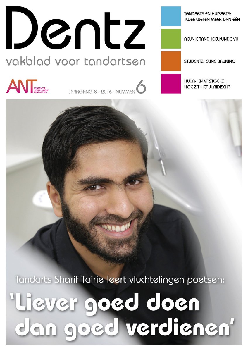 DentzMagazine's tweet photo. Laatste editie van Dentz voor 2016 alweer, met oa een interview met tandarts Sharif Tairie, over zijn poetslessen aan vluchtelingen https://t.co/ZadOW9CTWu