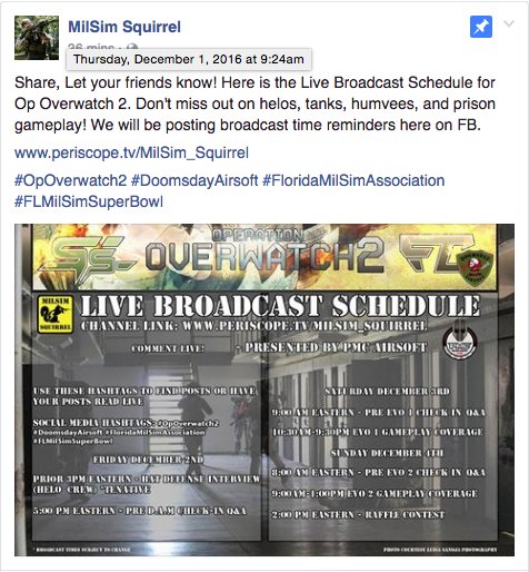 MilSim_Squirrel's tweet photo. Here is the Live Broadcast Schedule...
https://t.co/lNqSy8xJNw
#OpOverwatch2 #DoomsdayAirsoft #FloridaMilSimAssociation #FLMilSimSuperBowl https://t.co/wUUMismfFa