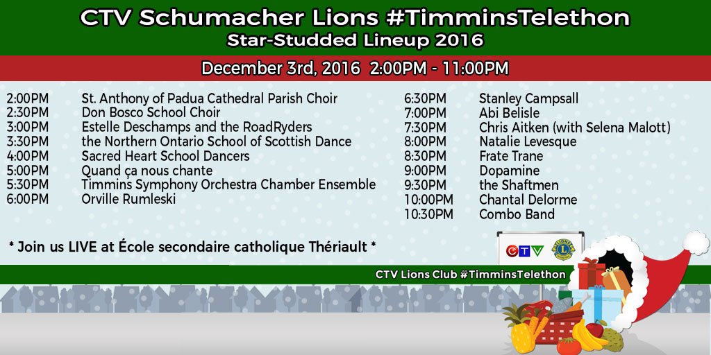 TimminsTelethon's tweet photo. The 2016 @CTVNorthernNews Schumacher @lionsclubs #Christmas #TimminsTelethon Performers list is out NOW! Who are you excited for? 🎤🎧🎼🎹🎷🎺🎸🎻🎅 https://t.co/ssKkbZBY7y
