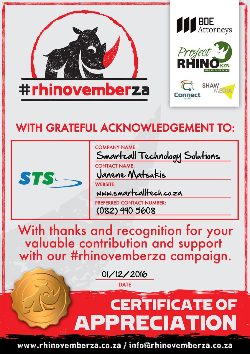 RhinovemberZA's tweet photo. Thank you Smartcall Technology Solutions for your contribution towards our fight against rhino poaching | #RhinovemberZA #PoachingIsNoJoke https://t.co/46RnDSWj03