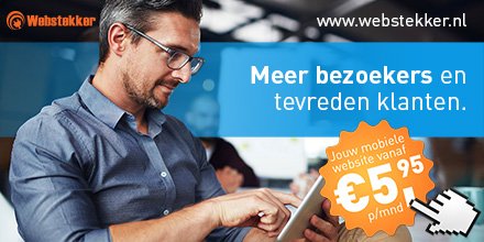 Meer bezoeker en tevreden klanten met een mobiele website. Al vanaf € 5,95 per maand. Ga naar webstekker.nl en maak een test account aan!