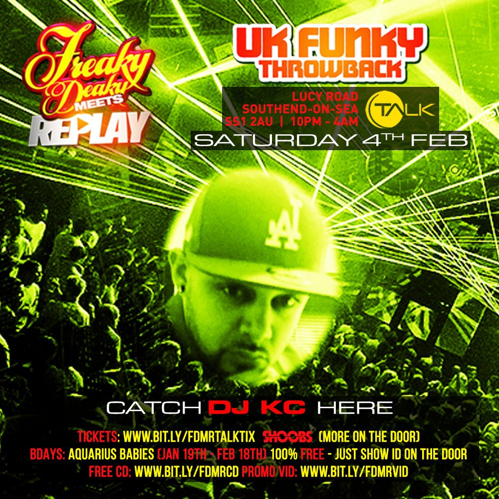 <a href="/DJKC_Official/">Karlos</a> @ Freaky Deaky / Replay - 4/2/17 @ Talk, Southend. Aquarius FREE! Tix: bit.ly/fdmrtalktix. CD: bit.ly/fdmrcd