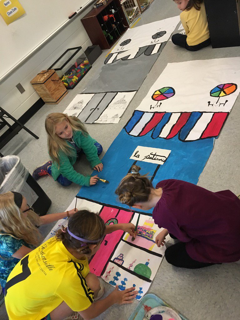 #MeriwetherLES 4th graders painting the finishing touches on the backdrops for their big performance next week.