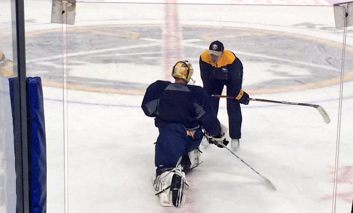 Anders Nilsson going through game day stretches, chats with Goalie Coach Andrew Allen. https://t.co/wuDPrxqAz0