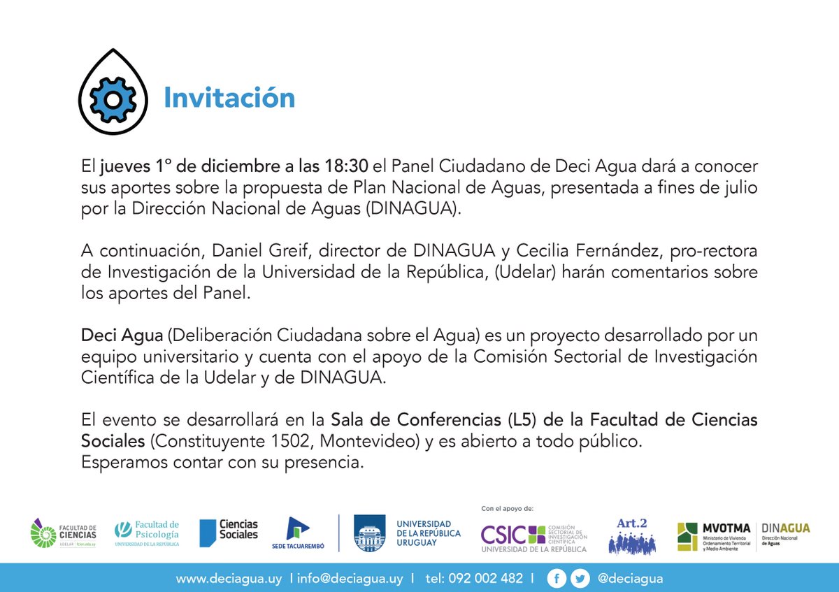 deciagua's tweet photo. Les recordamos que hoy 18:30 se realizará la presentación de los aportes del Panel Ciudadano sobre la propuesta de Plan Nacional de Aguas https://t.co/G9ap4mPG21