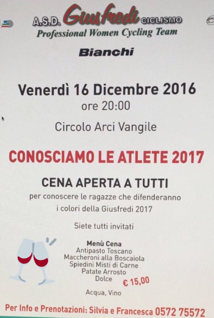 editapuci's tweet photo. Venerdì 16 dicembre: cena aperta a tutti, per conoscere l'organico del @giusfredibianch 2017 e brindare con le atlete e lo staff del Team https://t.co/lDxO3Ra2Om