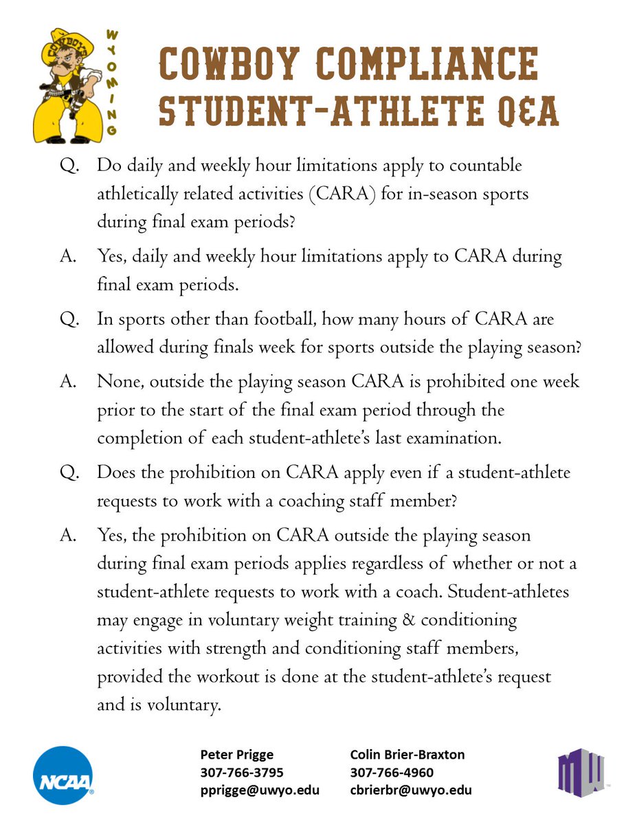 UWYO_Rules's tweet photo. In sports other than FB that are outside the playing season, no CARA beginning Monday Dec. 5th thru the completion of each SA's final exams https://t.co/1X21IQUuTM