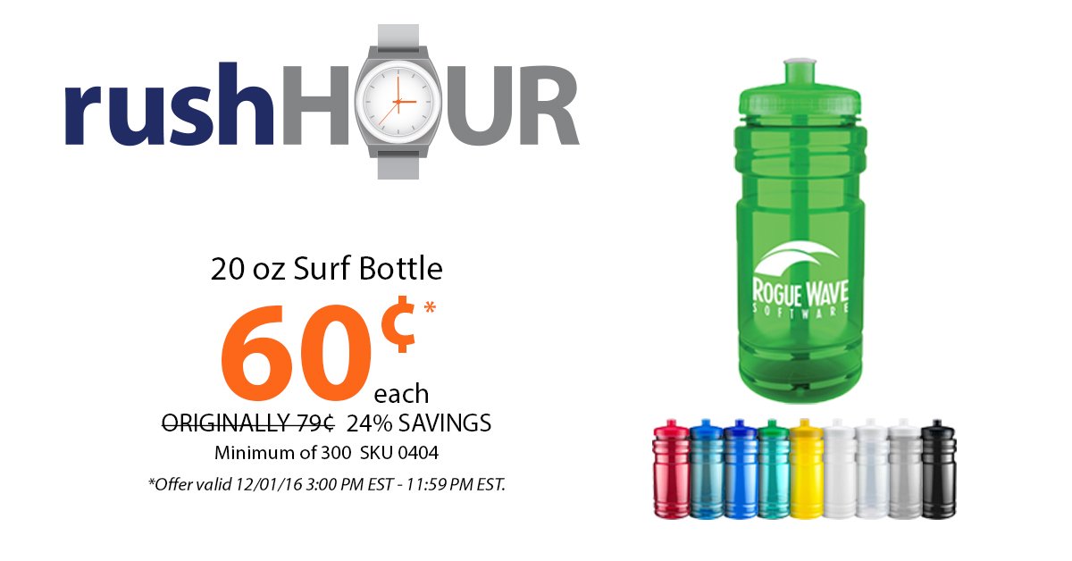 Our rushHOUR deal today can't be beat! Get 300 20oz Surf Bottles for just 60¢ each! bit.ly/2fW3tie