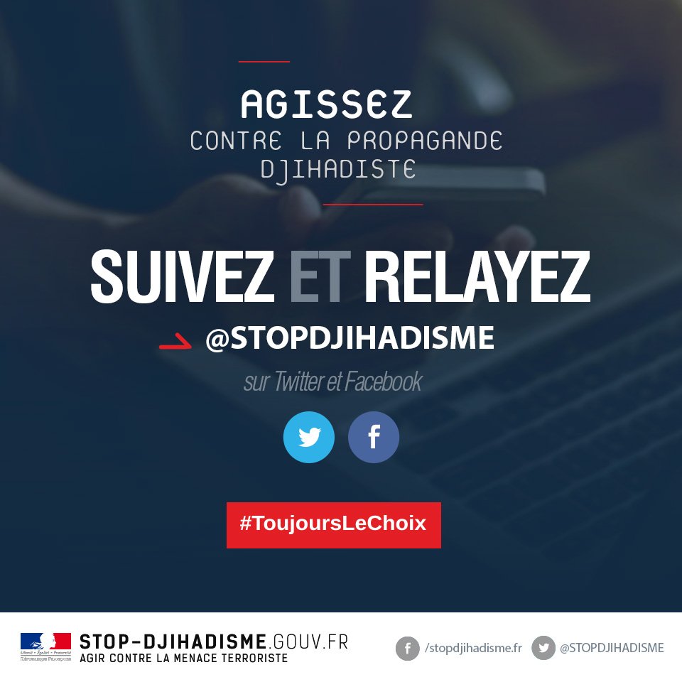 stopdjihadisme's tweet photo. Soutenez-nous dans la lutte contre la propagande djihadiste sur internet ! Relayez les messages #STOPDJIHADISME >> https://t.co/THCo1YG5So 💻 https://t.co/8Jm4t4DqFc