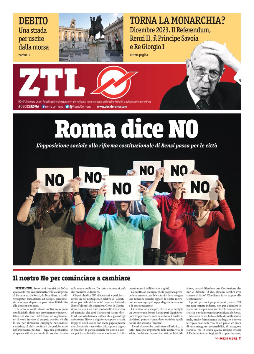 DinamoPress's tweet photo. La ZTL è tornata: 20.000 copie in tuta #Roma per il #NO al referendum. Leggila in versione digitale https://t.co/6LQd1KNzIP @RomaComune https://t.co/4lN8mdSPOx