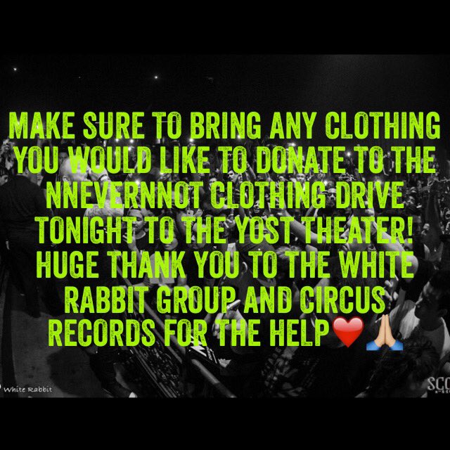 KennedyJonesTHO's tweet photo. Make sure you bring ANY clothing to the Yost to donate tonight!  Give to others while rockin to the sounds of the @circus_records family!🙏🏼 https://t.co/81ixFPWIrr