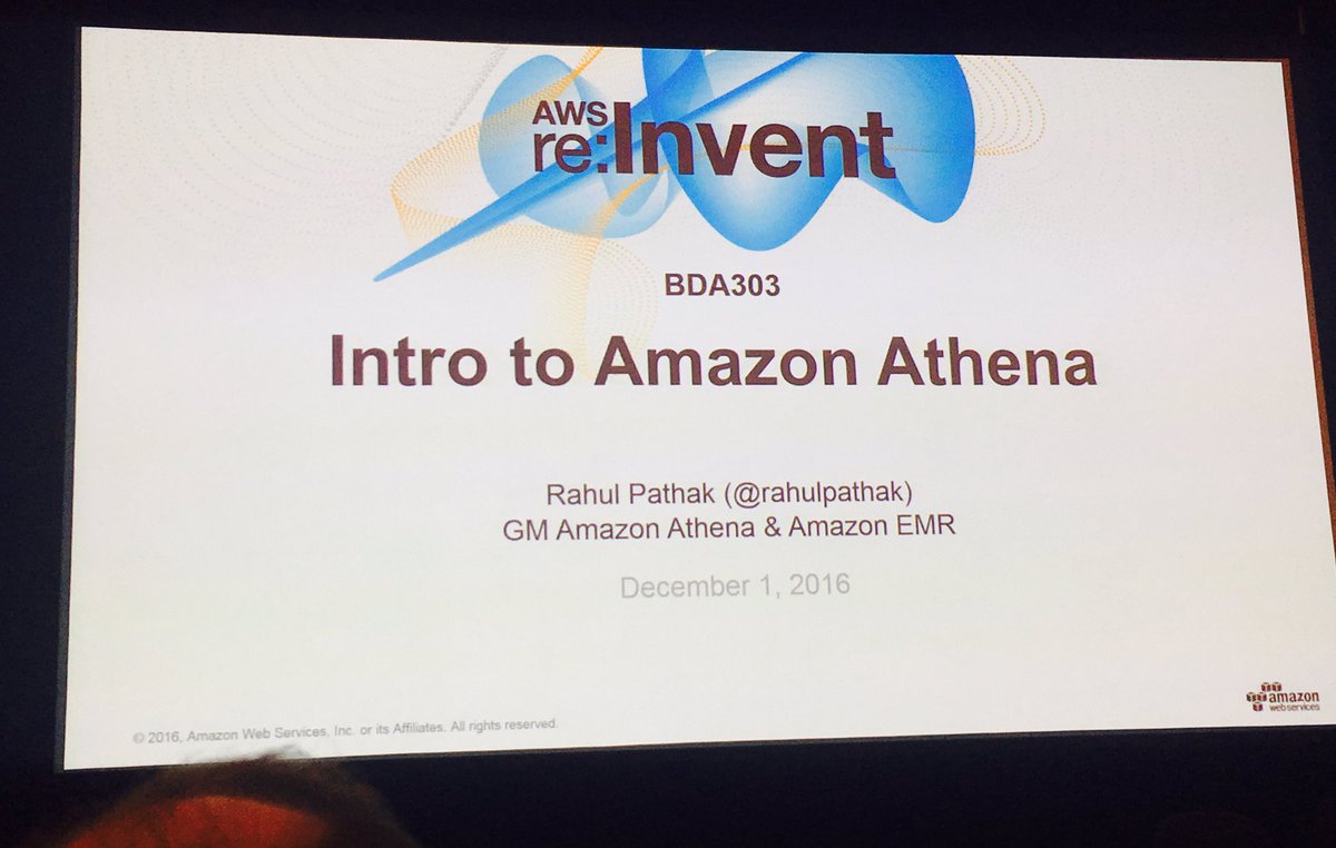 jemstones's tweet photo. Turned up to this one 30 mins early, 8 mins before start time and room already full - Athena's looking popular already. #awsreinvent https://t.co/QrGSsrZiVY