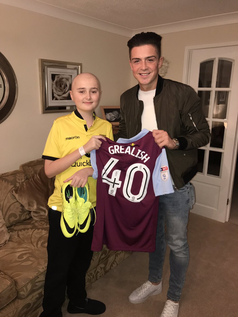 JackGrealish's tweet photo. Was great to meet Harry tonight! What a lovely young lad. I wish you all the best on your recovery &amp; il be round soon to beat you on FIFA17😉 https://t.co/BOlF3p1RD7