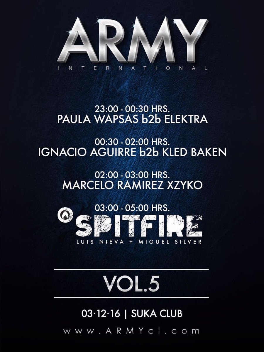 ARMY_cl's tweet photo. Este sábado la pista explota con @PaulaWapsas @Dj__Elektra @KledBaken @Ignacioaguirre @luisnieva @Miguelsilver111

#ARMYvol5 @SukaMonticello https://t.co/k6MktyfRr5