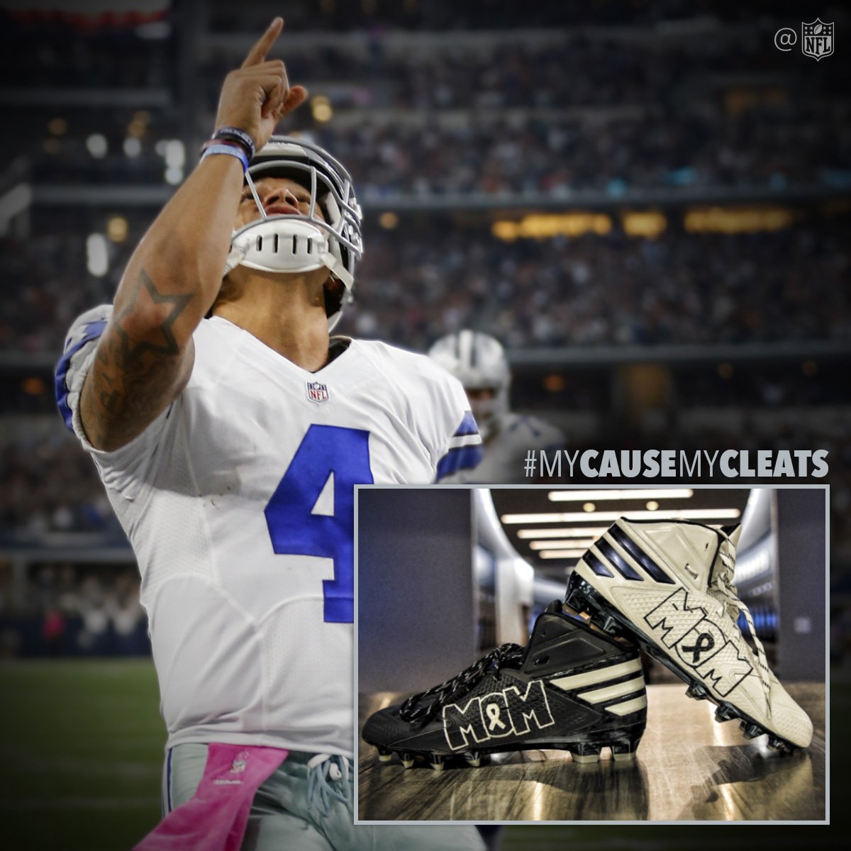 NFL's tweet image. Tonight @Dak wears these cleats to raise awareness for colon cancer prevention, which his mother passed away from in 2013. #MyCauseMyCleats