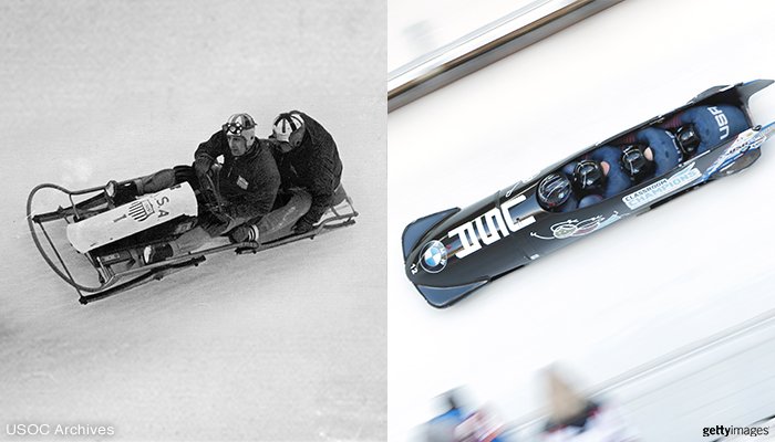 TeamUSA's tweet photo. What a difference 80 years makes! 1936 vs.  2016 bobsled. #TBT https://t.co/8iLnhRSQ7U