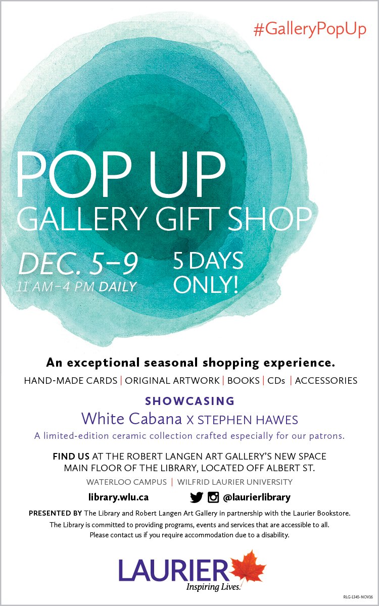 LaurierLibrary's tweet photo. Need some last-minute holiday gifts? Join us for our #GalleryPopUp Gift Shop Dec. 5th-9th in the #LangenGallery! https://t.co/uqwc8HvTVu