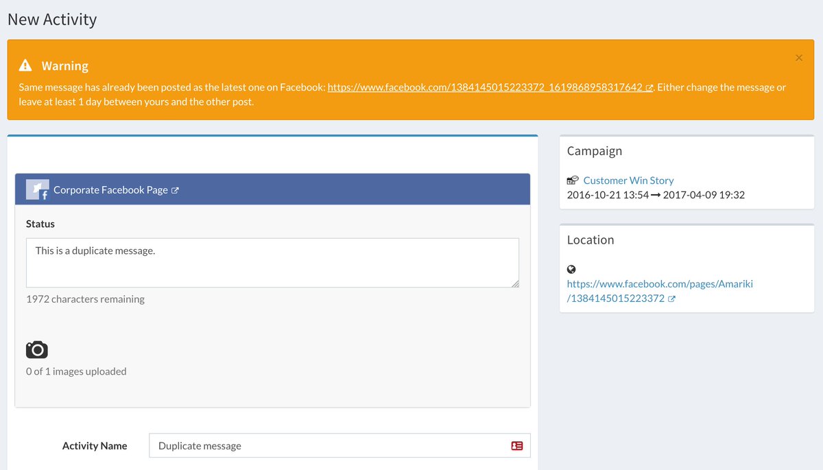 campaignchain's tweet photo. Our #opensource marketing hub automatically checks for duplicate posts in Twitter and Facebook in the upcoming 1.0.0 release. https://t.co/2IOktNnly7
