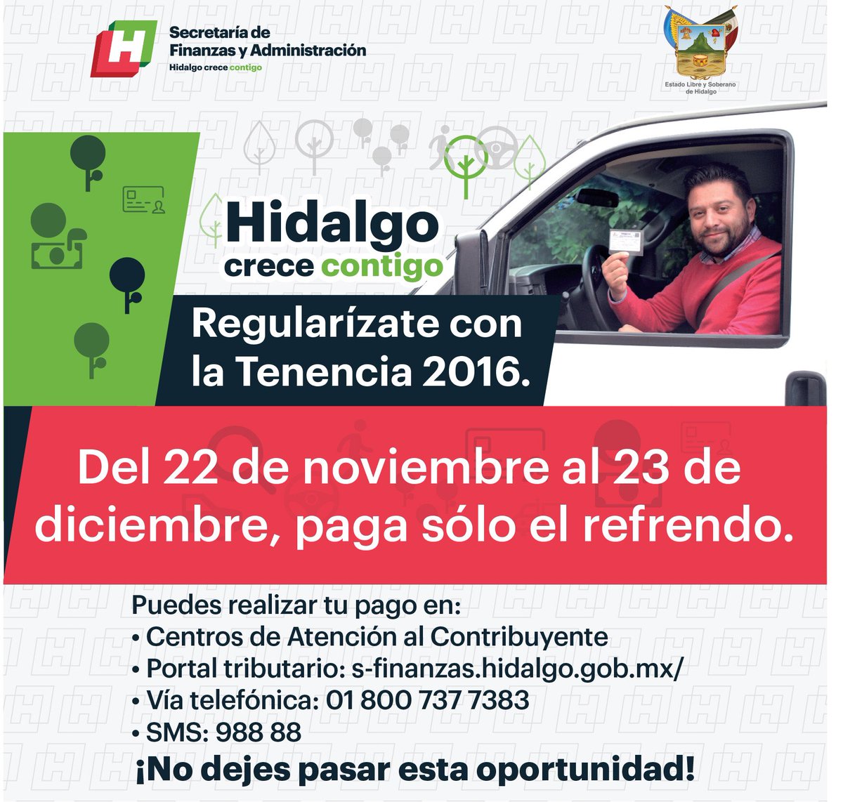 Hacienda_Hgo's tweet photo. Debido al alto nivel de respuesta obtenido durante el fin de semana de descuentos, el Gob. @omarfayad decidió ampliar Programa #Refrendo2016 https://t.co/DJ2BG9aDbQ