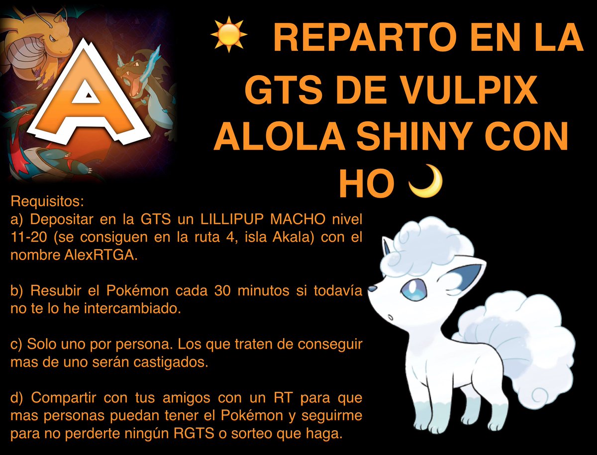 AlexRTGA's tweet photo. ¡Doy comienzo al reparto de Vulpix de Alola shiny! No se les olvide cumplir con todos los requisitos para que puedan recibir el Pokémon. https://t.co/ctVB5wTg5M