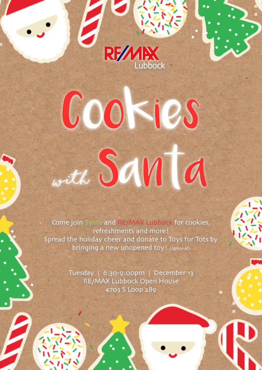 TonyLloydTeam's tweet photo. Come out Tuesday, Dec. 13th, for cookies with Santa and RE/MAX Lubbock. Bring your kids and grandkids as they will be able to see Santa! https://t.co/4K1lrvUZjj