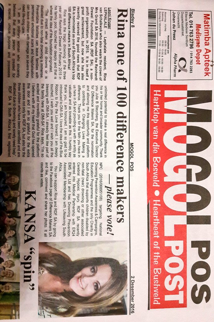 FounderRDF_SA's tweet photo. Special thank you Leoni Kruger Editor @MogolPos for the wonderful article #MogolPost @abergalejulie @Miss_GrandSA #DifferenceMakersSA #RDFSA https://t.co/p5QbKavPN9
