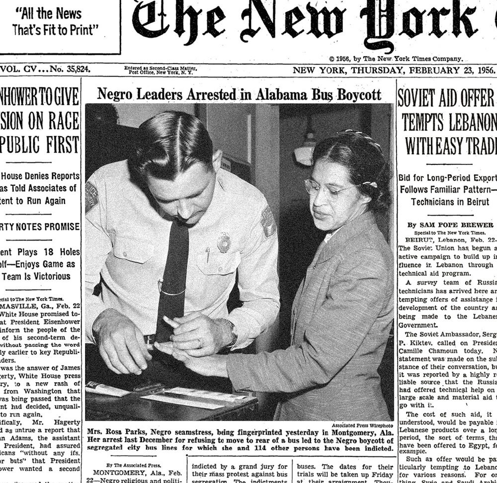 The New York Times Archives on Twitter: "Rosa Parks refused to give up a  bus seat, this day in 1955. Pictured: Her arrest during the Montgomery bus  boycott. https://t.co/ogg7xxD6QS https://t.co/Uzo7KgEkYQ" / Twitter