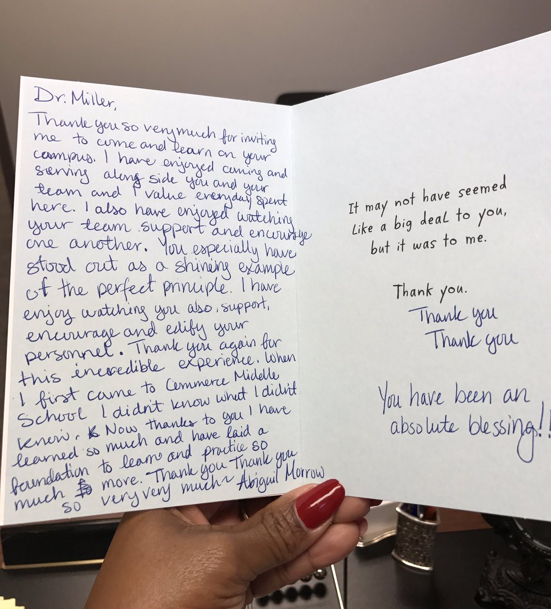 Dr_SCMiller's tweet photo. #CMS The words written in this card is why I do what I do each and every day! #TearJerker #LoveMyJob #CommerceISD #Thankful https://t.co/0sCHNACloK