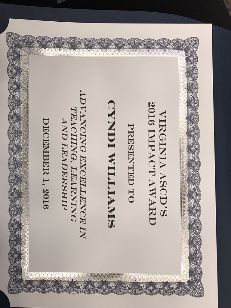 PCPS_Teach's tweet photo. Dr. Cyndi Williams recognized for her work with a 2016 Virginia ASCD Impact Award. #VASCD16 #vascd2016 @CyndiWms5 https://t.co/FoQlqbWZTw