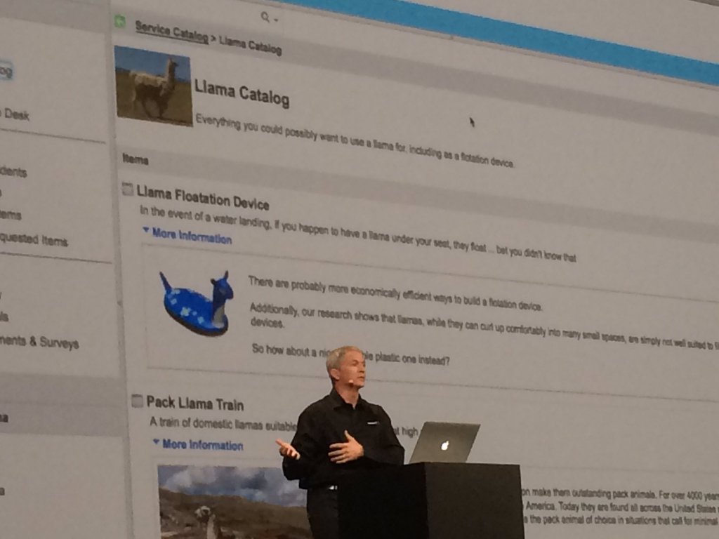 ServiceNow's tweet photo. #TBT to llama farming-as-a-service. Name your favorite Knowledge keynote moment to date! #Know14 #Know17 [photo via @DavLegrand] https://t.co/mksOQd1ZZH