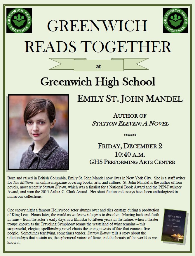 GHS_MediaCenter's tweet photo. Getting excited to welcome @EmilyMandel to #GreenwichHighSchool tomorrow!  #StationEleven #GreenwichReadsTogether #GRT2016 @GWLibrary https://t.co/JouIBSLKuo