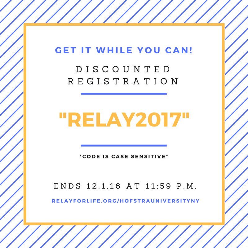 Time is winding down! Use "RELAY2017" and receive 50% off your registration fee! relayforlife.org/hofstraunivers… #HUCarnivalForACure