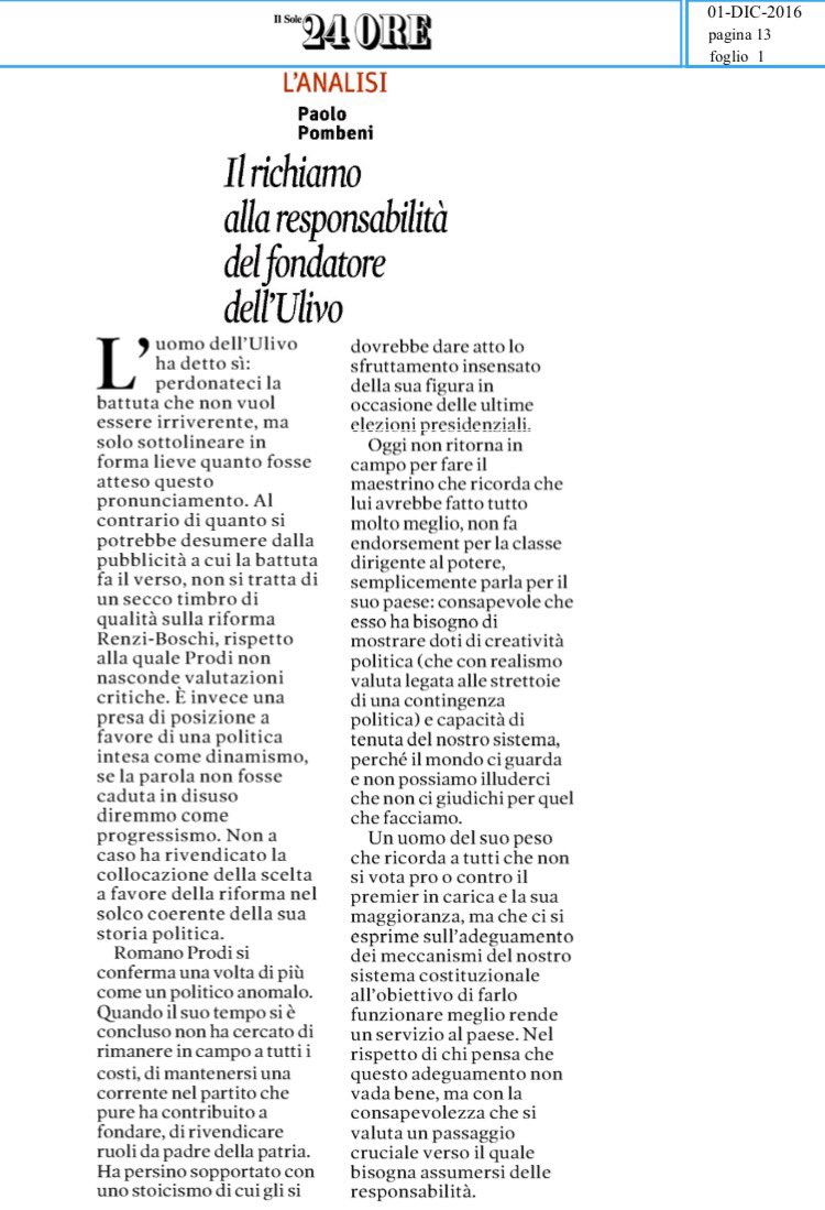 iDemLab's tweet image. #Prodi voterà Si alla #RiformaCostituzionale. Il richiamo alla responsabilità del fondatore dell' #Ulivo, il commento di Pombeni @bastaunsi