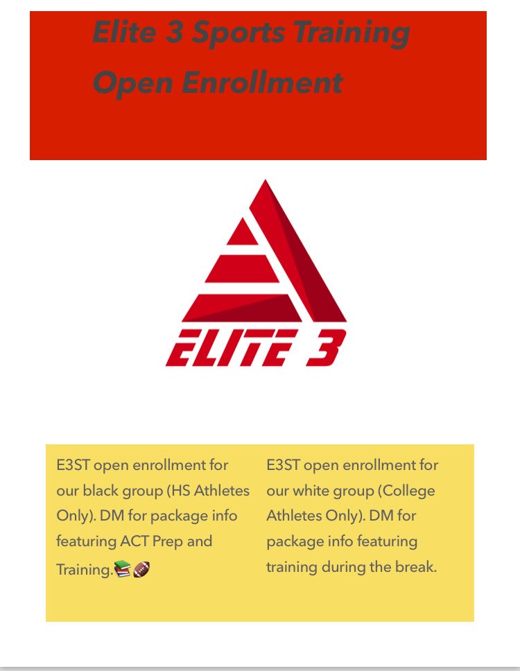 RileyElite3's tweet photo. Open Enrollment for those who want to become an elite athlete.๐บ
**LIMITED SPACE AVAILABLE** #E3ST #Elite3 https://t.co/1dQhq96peh