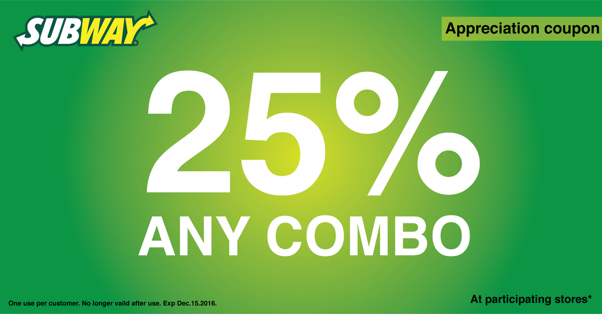 Adv3001_katlyn's tweet photo. 25% off any combo!

Download this coupon and use it at any participating Subway store!

WE APPRECIATE YOU SUB LOVERS #SubwayLove https://t.co/GdbZVo5ZBP