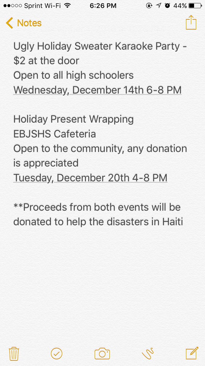 KeyClubEBJSHS's tweet image. SPREAD THE WORD!! Enjoy an ugly holiday sweater karaoke party on the 14th &amp;amp; get your gifts wrapped on the 20th! All $ will go to Haiti 🎄🎅🏽🎁