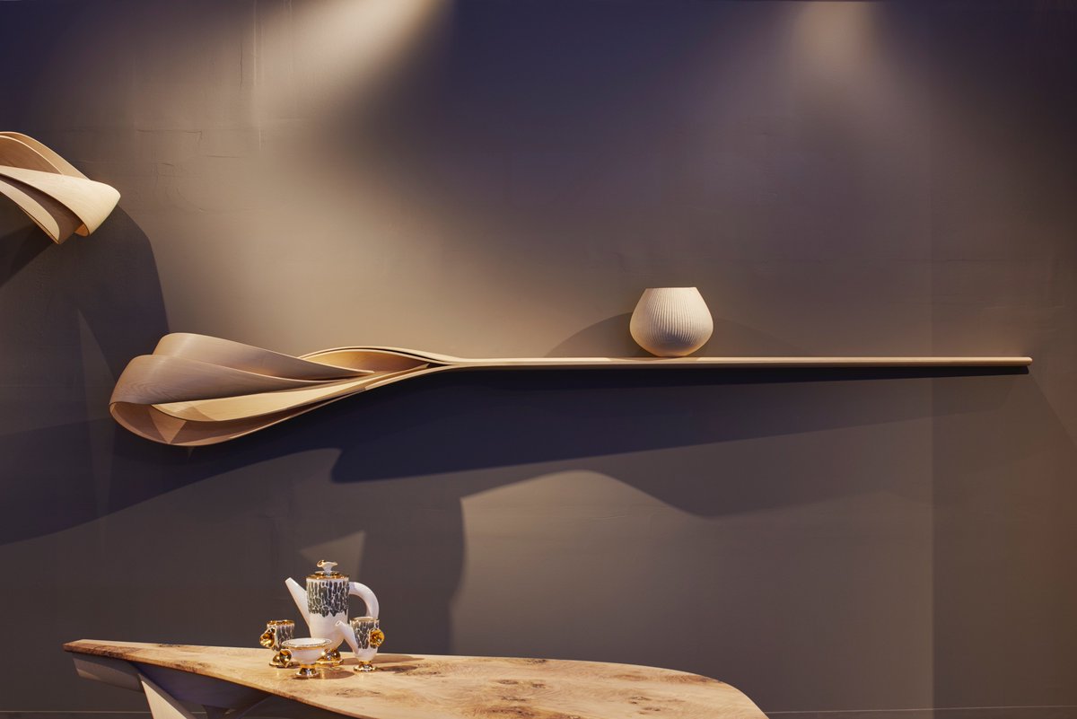 LiamFlynn3's tweet photo. My Sycamore Vessel at the Sarah Myerscough Gallery Booth, Design Miami, supported by a rather nice shelf. Until December 4th. https://t.co/ywgJryKIqr