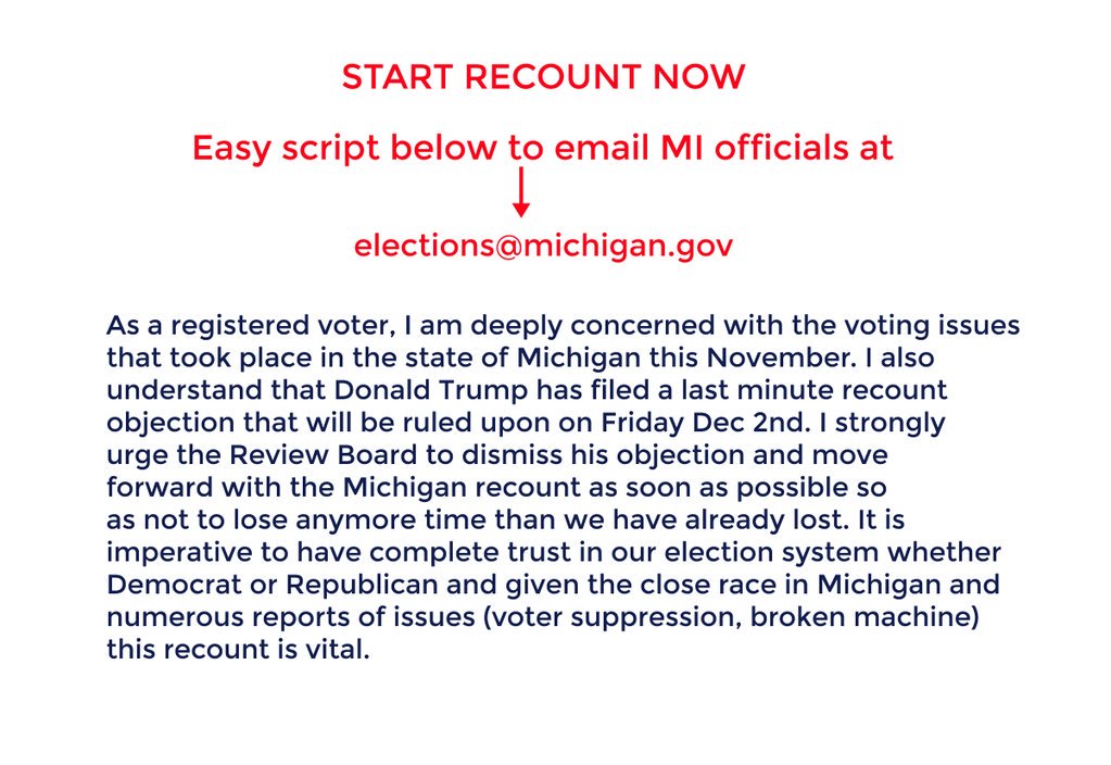 JMZElection's tweet photo. *URGENT* PLEASE SEND RECOUNT SUPPORT EMAILS TONIGHT Per Elections office rep: Trump objection review is FRI AM Elections@Michigan.gov https://t.co/JZ6FSldBn6