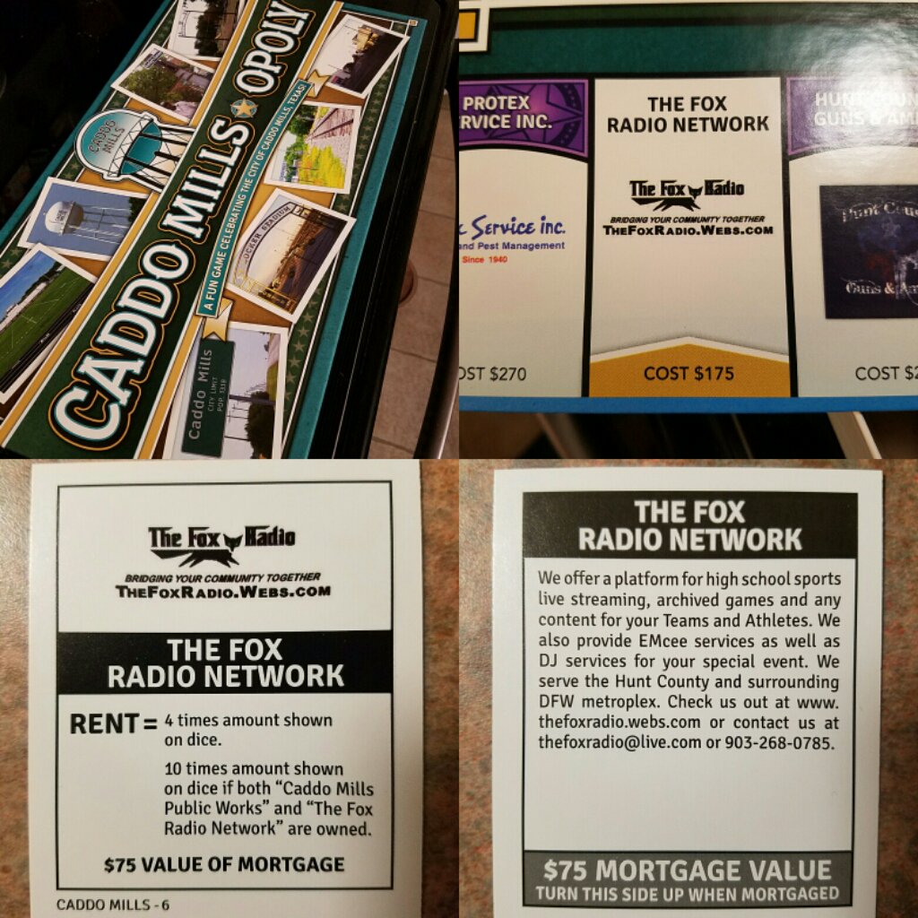 Glad The Fox Radio Network was a part of Caddo Mills Opoly! Really cool fundraiser fo... goo.gl/H8hjAg