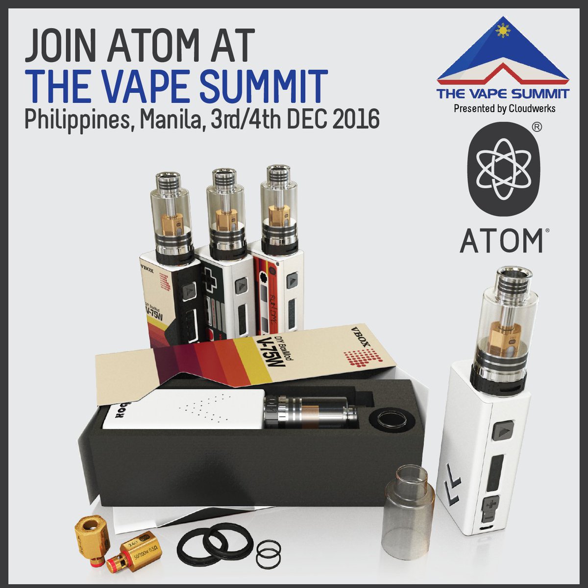 Atom_Vapes's tweet photo. Meet us @ The Vape Summit, Manila PHILIPPINES
Dec 3rd and 4th, 2016
#atomvapes #vapesummit #philippines #manila #vaping #vapenation https://t.co/gQC0GxxFGy