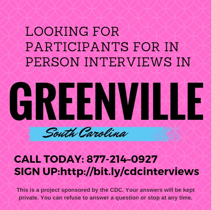 @TheHavenShelter RT We are looking for people in Greenville SC to participate in paid interviews. Sign up Now: bit.ly/cdcinterviews