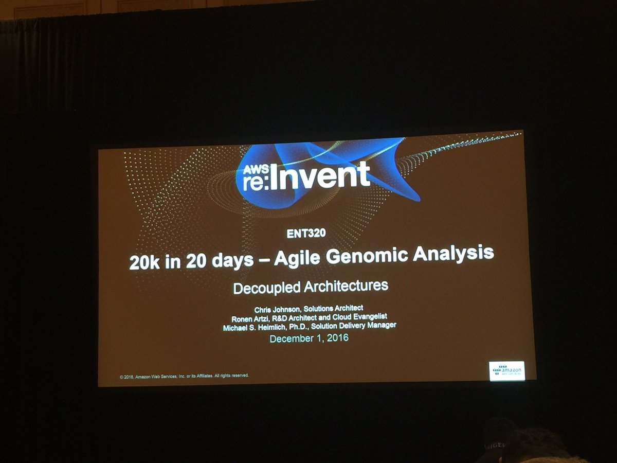 AWSEvents's tweet photo. Live tweeting from #ENT320 20k in 20 days - Agile Genomic Analysis. Starting soon! https://t.co/s0p59OpOlk