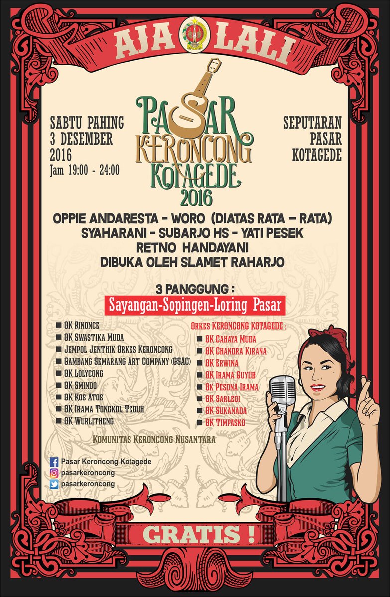 Monggo dihadiri dan diramaikan #PasarKeroncong2016
Ditunggu di #Kotagede, Sabtu 3 Desember ya Crung. Gratis!
