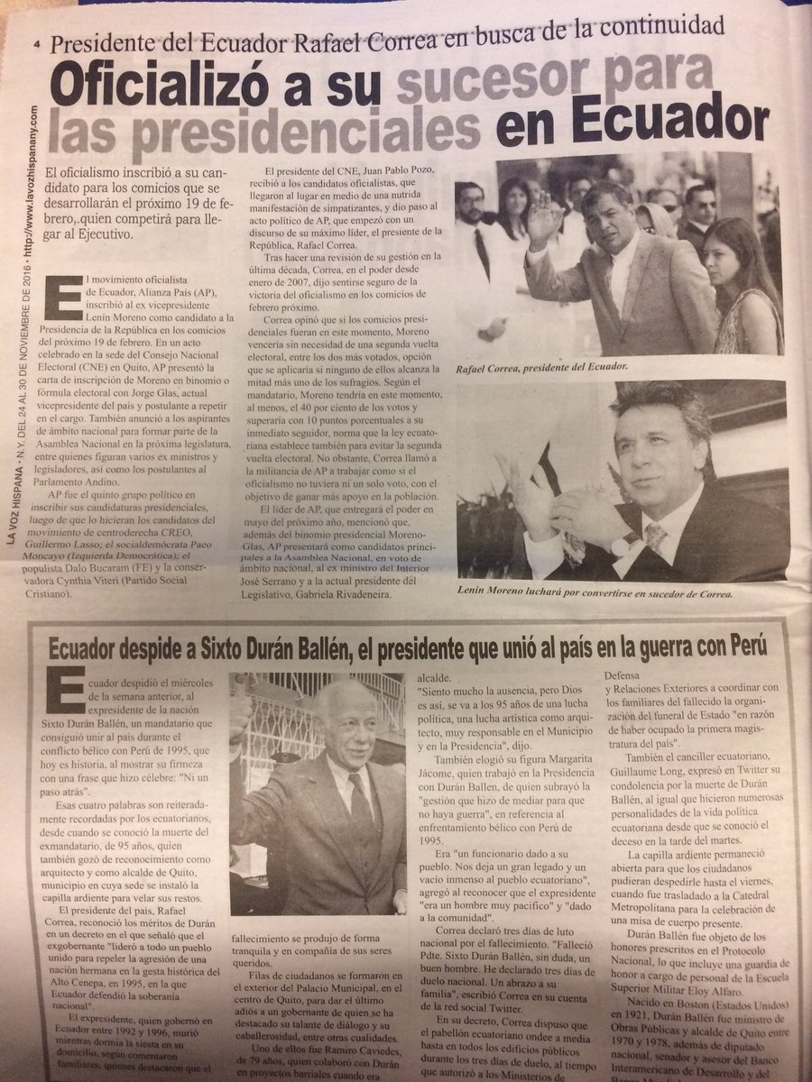 SenorBlanco48's tweet photo. La semana pasada yo leí dos artículos del periódico "La Voz". Mis artículos favoritos eran sobre los gobiernos de Perú y Ecuador #2101fran https://t.co/Aqvs5LPvSM