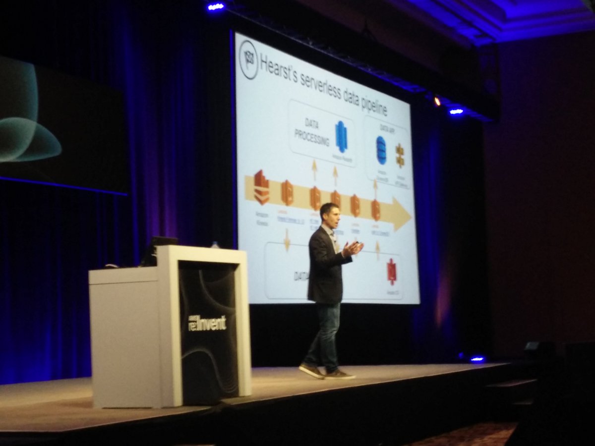 vyomnagrani's tweet photo. @StatsRick from #hearsttech on stage at #Reinvent talking about #awslambda https://t.co/tQaDsnfP88