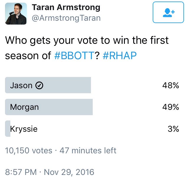 VoteJason2Win's tweet photo. What happened #JasonNation ?

Regret not voting in @taranarmstrong 's poll now???

#BBOTT https://t.co/PgRMZroQC3