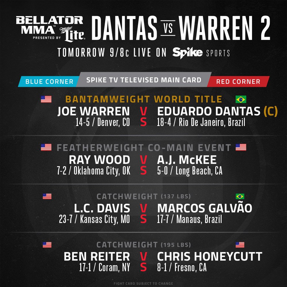 BellatorMMA's tweet photo. First night of our back to back events starts tomorrow on @spike with #Bellator166! RT with your predictions!! https://t.co/mO1YCbhRhx
