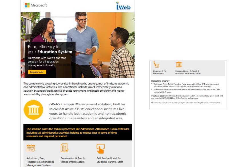 AkshayiWeb's tweet image. Automate your campus with #Microsoft &amp;amp; Partner #iWeb for #Colleges #GoCashless at just Rs. 200/student! Contact us today! #edtech #edutech